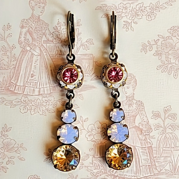 Pink Swarovski Crystal Flower Drop Dangle Earrings In Brass - Picture 1 of 6